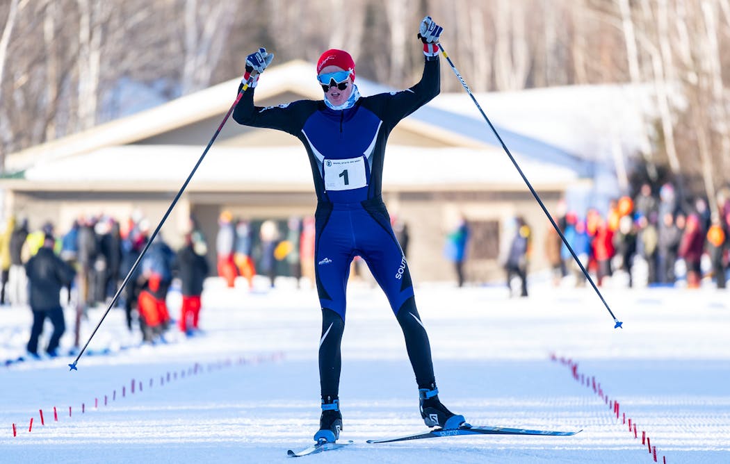 Cooper Camp reached the finish line first in the individual pursuit race at the Nordic state championships in Biwabik, then waited to celebrate a cross-country skiing sweep with his Minneapolis Southwest teammates. 