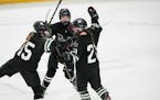 Teammates celebrate with Proctor/Hermantown forward Reese Heitzman (21) after she scores to take the lead in the third period during the Class A semif