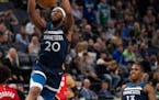 Timberwolves forward Josh Okogie (20) dunked in the fourth quarter against Portland on Monday.