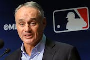 Major League Baseball Commissioner Rob Manfred spoked during a news conference Thursday in New York.
