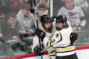 Warroad forward Daimon Gardner (13) celebrates with forward Matthew Hard (9) after scoring in the first period of a MSHSL Class 4A semifinal boys hock