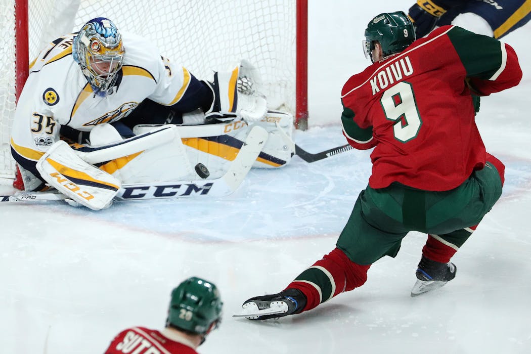 Mikko Koivu, shown beating Nashville goalie Pekka Rinne for a goal in a 2017 game, is the Wild’s franchise’s leader in several statistical categories, including games (1,028), assists (504) and points (709).