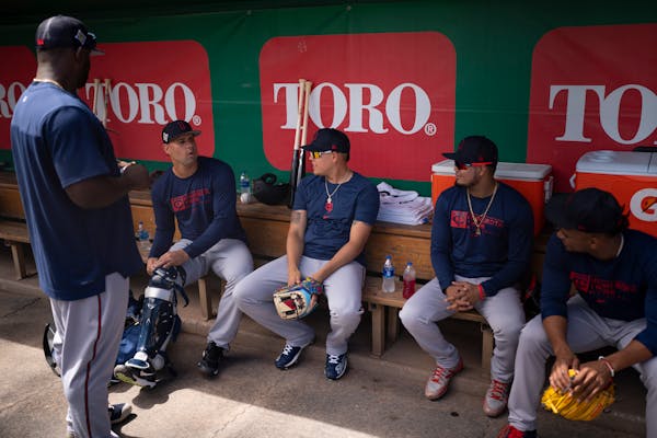 Seated from left to right: Gary Sanchez, Gio Urshela, Luis Arraez and Jorge Polanco. Standing: Miguel Sano.