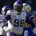 Minnesota Vikings defensive tackle Linval Joseph reacts during a game in 2019