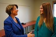U.S. Sen. Amy Klobuchar and Abby Honold, a survivor of sexual assault and advocate for other survivors, pictured before a roundtable discussion they l
