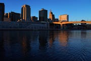 The St. Paul skyline, with City Hall on the left, as seen from Harriet Island Park. 