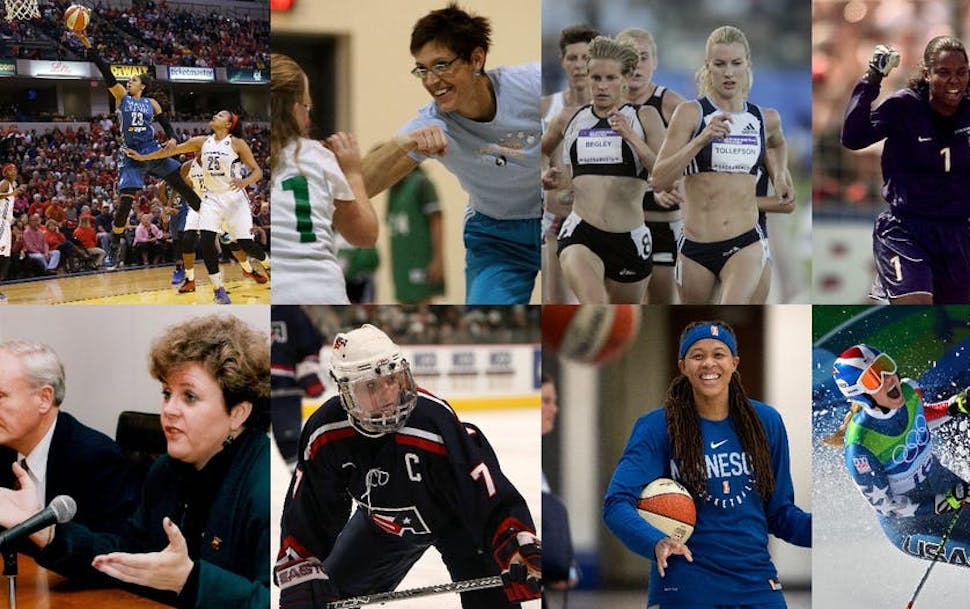 The Minnesota Sports Hall of Fame inductees (clockwise from top left): Maya Moore, Annie Adamczak Glavan, Carrie Tollefson, Brianna Scurry, Lindsey Vo