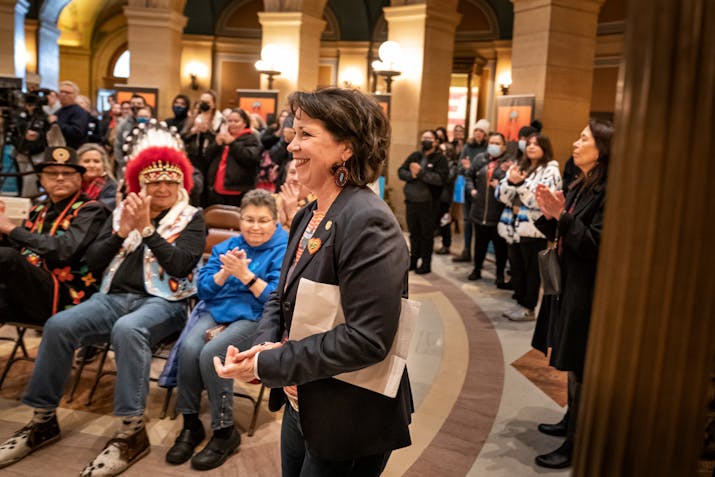 Rep. Mary Kunesh, DFL-New Brighton, who is pushing the bill in the House, spoke at the rally, Friday, March 25, 2022, St. Paul, Minn. Sixteen Twin Cit