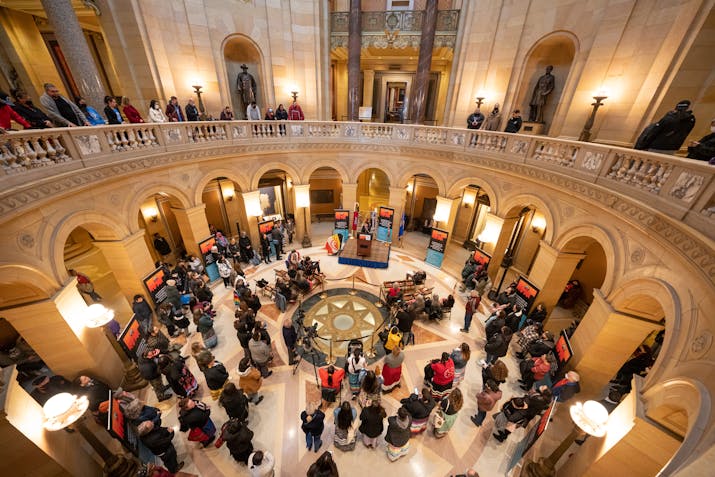 Sixteen Twin Cities American Indian organizations held a rally at the Capitol to highlight the Clyde Bellecourt Urban Indigenous Legacy Initiative, a 