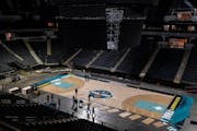 The Women’s Final Four Official Court was installed at Target Center early Sunday morning in Minneapolis, Minn., on Sunday, March 27, 2022. Installa