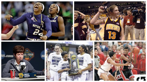 (Clockwise from top left): Arike Ogunbowale’s 2018 celebration, Lindsay Whalen’s Gophers made a 2004 title run, Sheryl Swoopes dominating the 1993
