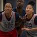 Aerial Powers, right, and Azura Stevens worked out with Team USA during the women’s Final Four week in Minneapolis.
