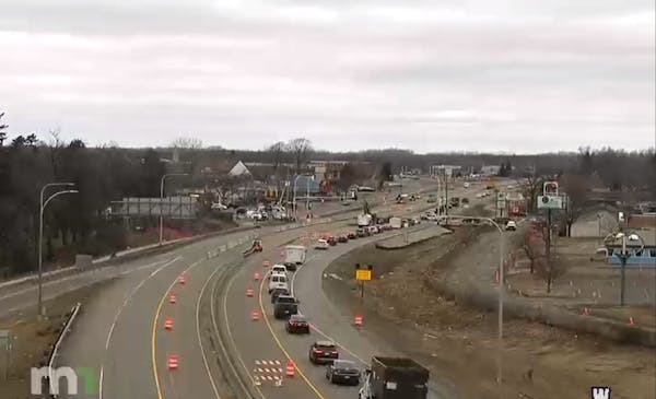Traffic jammed up on Hwy. 10 at Greenhaven Road in Anoka where a two-year construction project has the highway reduced to one lane in each direction f