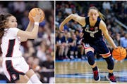 The play of two outstanding guards — Stanford’s Haley Jones (left) and UConn’s Paige Bueckers — will have a large impact on the outcome when t