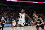 South Carolina’s Aliyah Boston (4) reacted after being called for a charge during Sunday’s NCAA championship game.