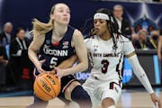 UConn guard Paige Bueckers was pressed in Sunday’s championship game by South Carolina guard Destanni Henderson.