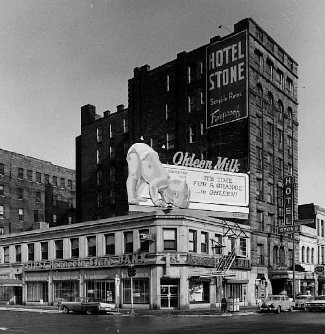 3rd Street and Hennepin Avenue S., 1960. The Ohleen Milk billboard added color to downtown via a clever advertisement.