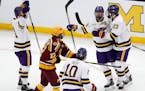 Minnesota State celebrated a goal during its NCAA men’s hockey semifinal victory over Minnesota during the Frozen Four in April.