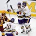 Minnesota State celebrated a goal during its NCAA men’s hocley semifinal victory over Minnesota during the Frozen Four in April.
