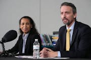 Minneapolis School Board Chair Kim Ellison and Superintendent Ed Graff at a March press conference to announce the tentative agreements reached with t