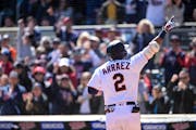 The Twins’ Luis Arraez acknowledged the Target Field crowd after his solo home run in the bottom of the first inning of an eventual 4-3 loss to the 