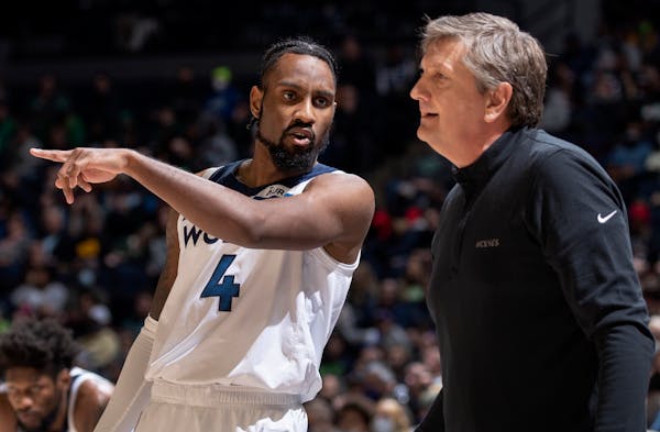 Timberwolves guard Jaylen Nowell and coach Chris Finch had a discussion during a game this season. The Wolves improved to 46 victories from 23 a year 
