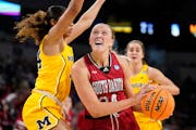 South Dakota’s Hannah Sjerven went to the basket against Michigan in the NCAA tournament last month.