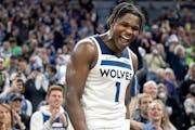 Anthony Edwards celebrates at the end of the game after scoring 30 points and leading the Timberwolves to a play-in game victory over the Clippers on 