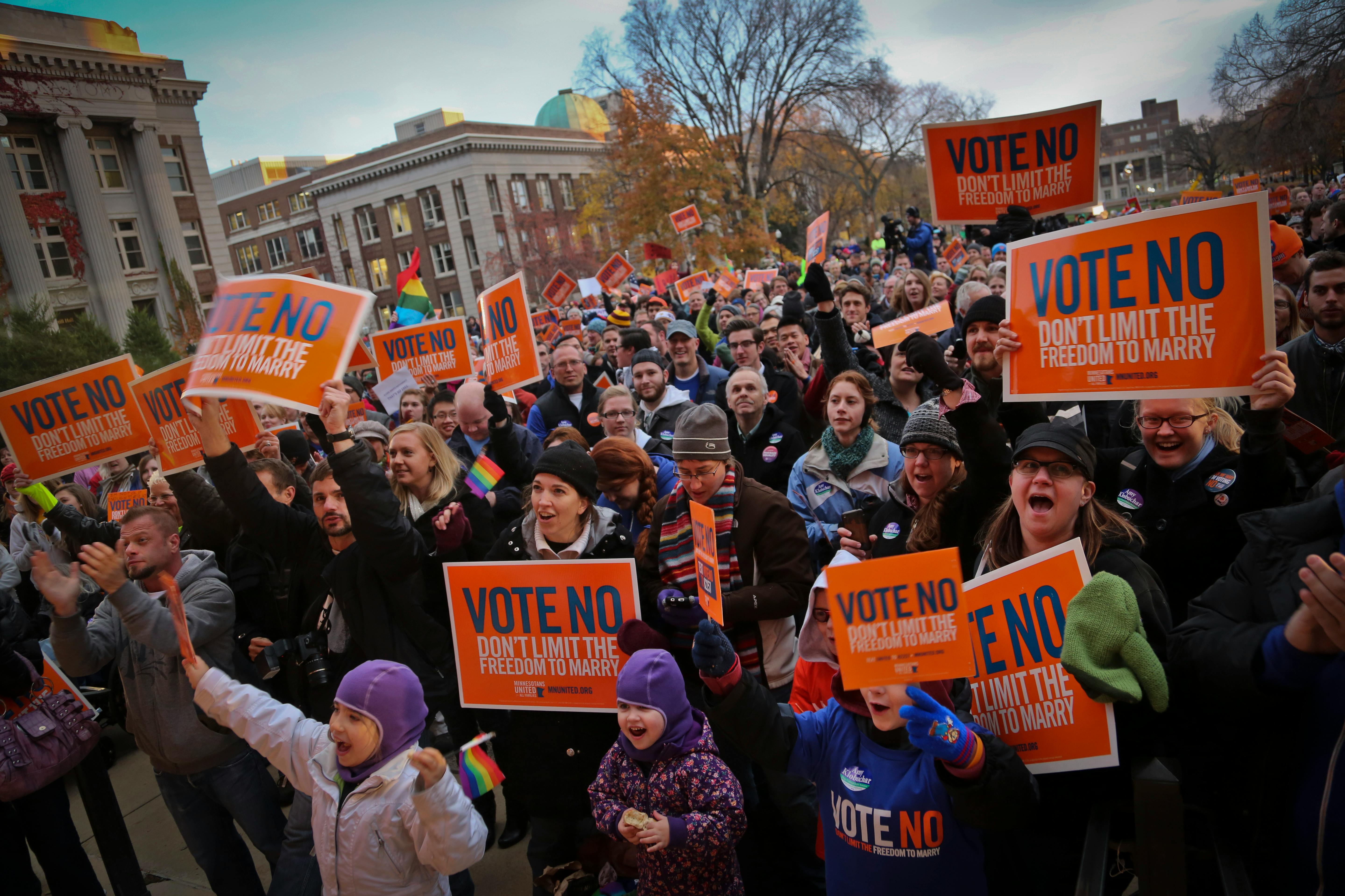 Hundreds of people rallied at the University of Minnesota against the proposed constitutional amendment banning same-sex marriage in 2012.