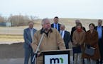 Gov. Tim Walz spoke about Hwy 14.’s crash-prone reputation Tuesday at a groundbreaking ceremony in Courtland, Minn., for a project to expand the las