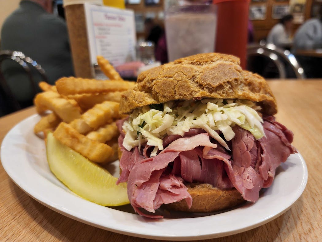A corned beef sandwich on a Passover popover at Cecil’s 