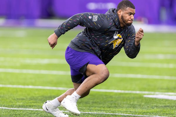 Left tackle Christian Darrisaw, the Vikings’ first-round draft pick last year, at a workout this month at TCO Performance Center in Eagan.