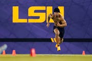 Cornerback Derek Stingley Jr. works out at LSU’s Pro Day for NFL coaches and scouts on April 6. 