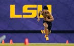 Cornerback Derek Stingley Jr. works out at LSU’s Pro Day for NFL coaches and scouts on April 6. 