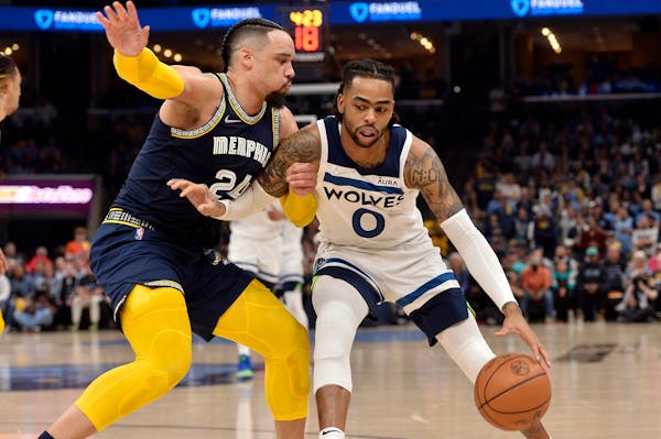 Timberwolves guard D’Angelo Russell (0) dribbles against Grizzlies forward Dillon Brooks during Memphis’ win in Game 5 on Tuesday.