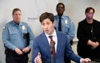 Mayor Jacob Frey and other city leaders at a news conference in April regarding the Minneapolis Police Department.