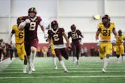 Thomas Rush (8) returned an interception for a touchdown during the 2019 Gophers spring game, which was moved indoors because of weather concerns.