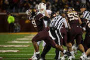 Minnesota Gophers defensive lineman Esezi Otomewo (9) was an All-Big Ten honorable mention last season with 4.5 tackles for losses and three sacks in 