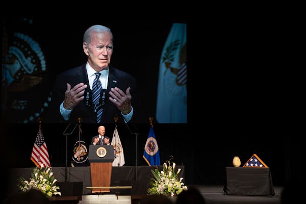 President Joe Biden spoke during a memorial service for former Vice President Walter Mondale on Sunday, May 1, in Minneapolis. “Fritz was a good man