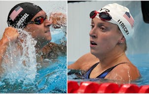 Katie Ledecky, right, and Caeleb Dressel highlight a 41-member U.S. swimming team that will compete at this summer’s world championships in Budapest