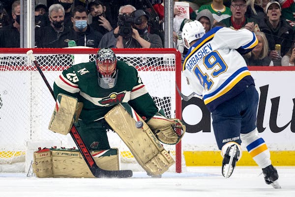 Minnesota Wild goalie Marc-André Fleury blocks a penalty shot by Ivan Barbashev (49) of the St. Louis Blues in the first period Monday, May 2, at Xce