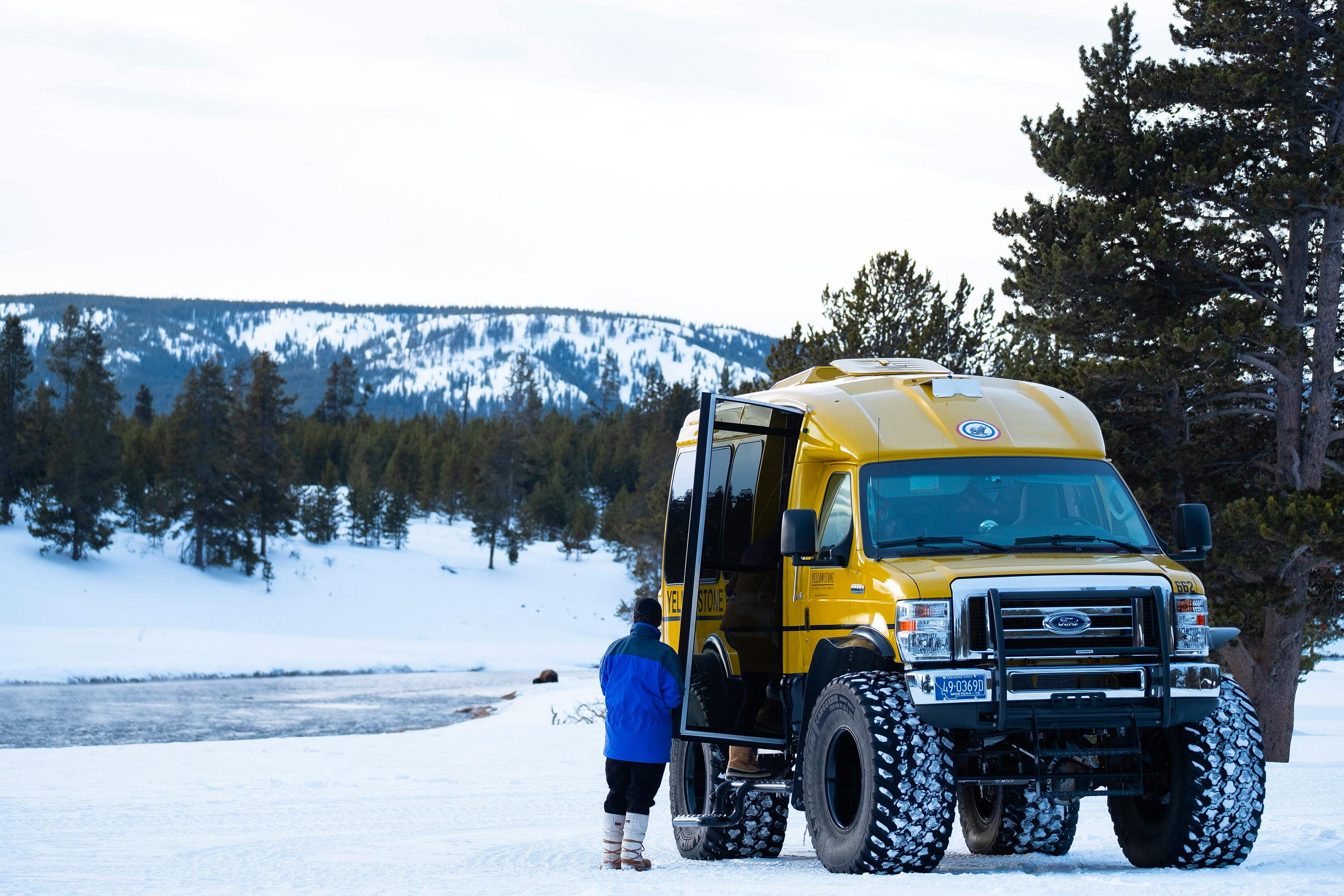 Preparing for a wilderness tour via snowcoach in Yellowstone National Park.