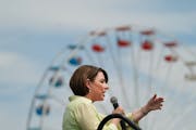 Sen. Amy Klobuchar spoke at the Des Moines Register’s Political Soapbox at the Iowa State Fair in Des Moines in 2019.