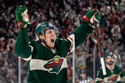 Joel Eriksson Ek of the Wild celebrated his first period goal Wednesday night at Xcel Energy Center.