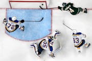 Wild center Joel Eriksson Ek stuffed the puck past Blues goalie Ville Husso in the second period of Game 2 on Wednesday. Eriksson Ek reached career hi