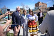 Interior Secretary Deb Haaland joined Minnesota Gov. Tim Walz and Lt. Gov. Peggy Flanagan after a news conference Friday at Midway Peace Park in St. P