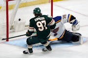 The Wild’s Kirill Kaprizov scored his third goal of the game against St. Louis goalie Ville Husso during Minnesota’s 6-2 victory in Game 2.