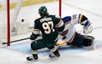 The Wild’s Kirill Kaprizov scored his third goal of the game against St. Louis goalie Ville Husso during Minnesota’s 6-2 victory in Game 2.