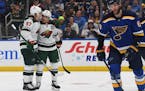 Wild teammates Kirill Kaprizov (97) and Jared Spurgeon (46) celebrated after Kaprizov tied the score in the first period Sunday in St. Louis. But the 