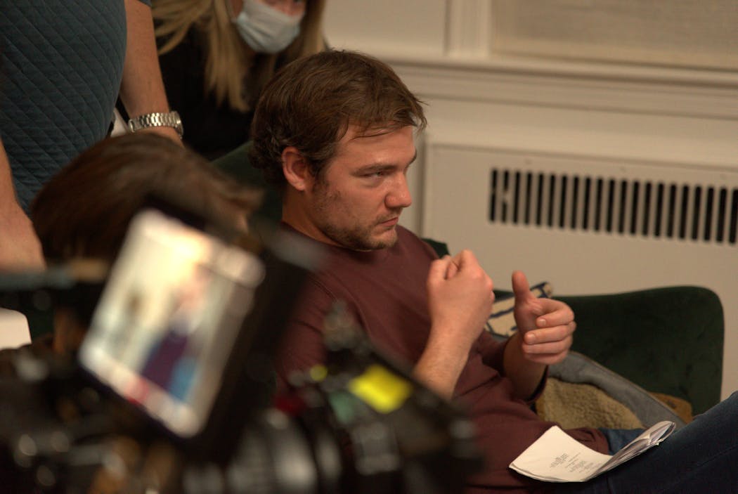 Duluth actor Daniel Durant asked director Peter Kimball a question during shooting of “Millstone.”